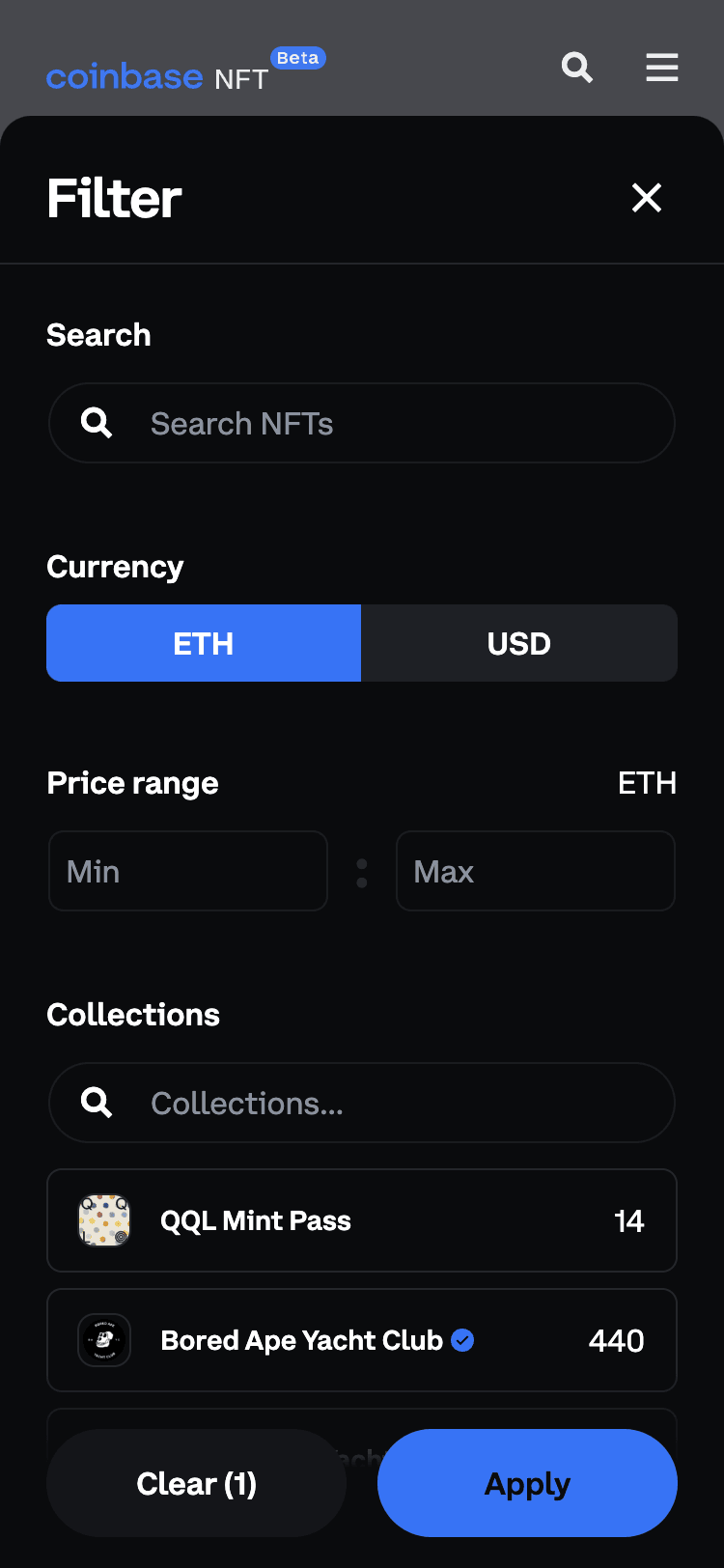 Mobile screenshot of the Coinbase NFT shop filter overlay. The overlay covers most of the screen and contains filters such as 'Search' and 'Price range'. At the bottom of the screen are buttons to 'Clear' or 'Apply' the filters.